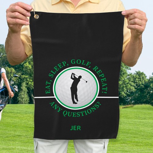 Eat Sleep Golf Repeat Funny Golfer Black Green Golf Towel