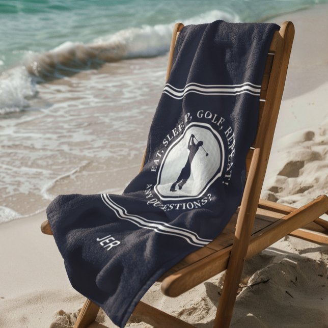  Eat Sleep Golf Repeat Monogram Navy Blue Beach Towel (Creator Uploaded)