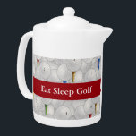Eat Sleep Golf Teapot<br><div class="desc">Medium white Porcelain teapot with an image, on both sides, of white golf balls and red, yellow, blue and green tees. Optional red ribbon and text. See matching candy jar, espresso cup, flask, mug, pitcher, paper plate, shot glass and coasters. See the entire Father’s Day Teapot collection in the FOOD/BEV...</div>