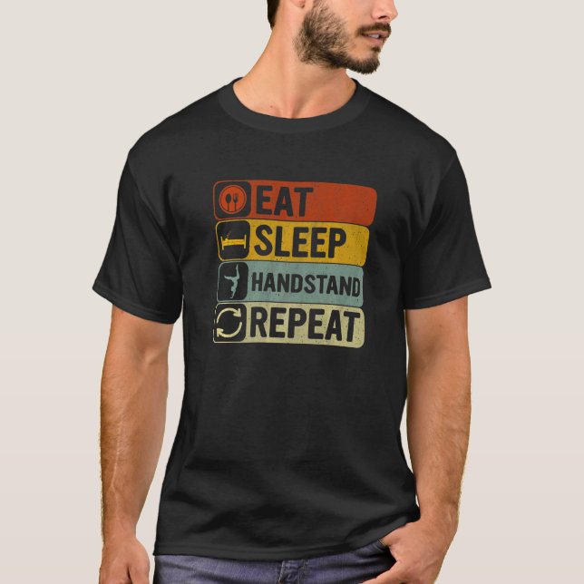 Eat Sleep Handstand Repeat Retro 60s 70s Yoga T-Shirt (Front)