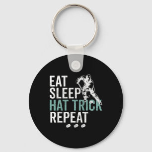 Eat Sleep Hat Trick Repeat Cool Ice Hockey Puck Fa Keychain