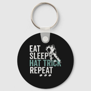Eat Sleep Hat Trick Repeat Cool Ice Hockey Puck Fa Keychain