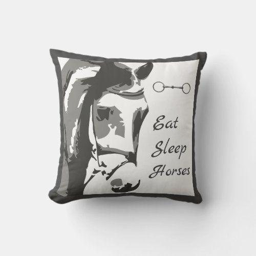 Eat Sleep Horses with Horse Sketch and Snaffle Bit Throw Pillow