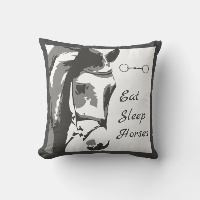 Eat Sleep Horses with Horse Sketch and Snaffle Bit Throw Pillow (Front)