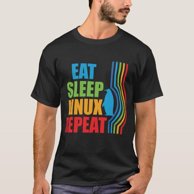Eat Sleep Linux Repeat Retro Penguin Nerd Geek T-Shirt (Front)