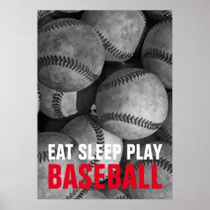 Eat Sleep Play Baseball Black & White Poster