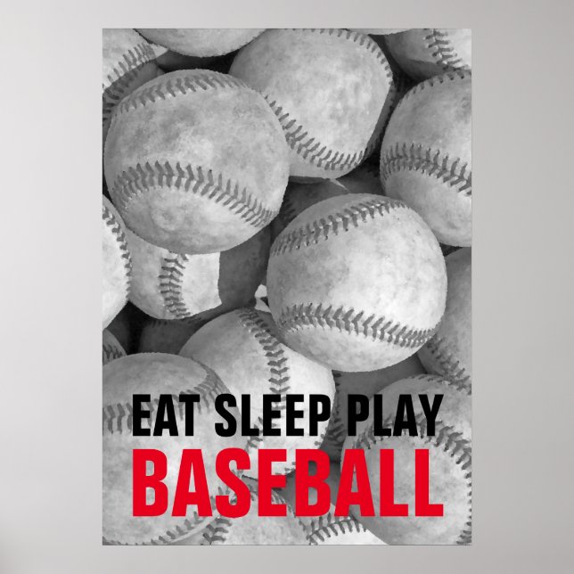 Eat Sleep Play Black & White Baseball Motivational Poster (Front)