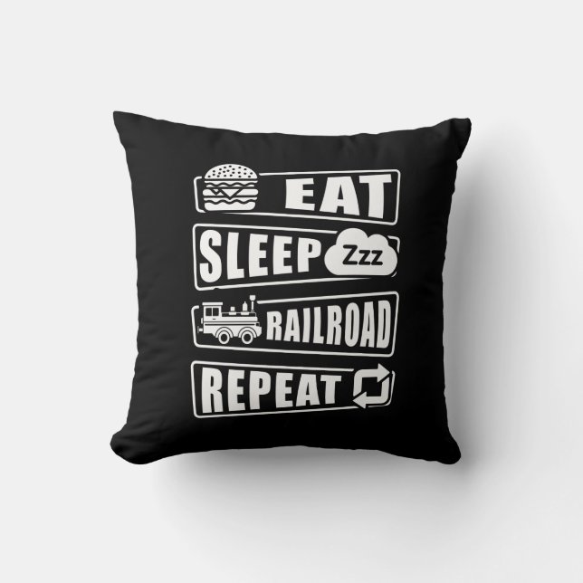 Eat Sleep Railroad Repeat Steam Train Throw Pillow (Front)