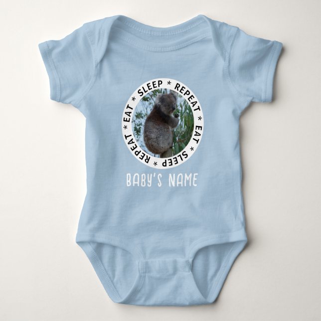 Eat Sleep Repeat Cute Funny Koala in a Tree Baby Bodysuit (Front)