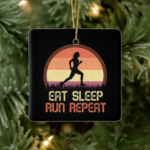 Eat Sleep Run Repeat Retro Athlete Marathon Ceramic Ornament