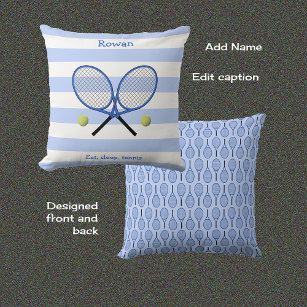 Eat sleep tennis personalized blue white striped throw pillow