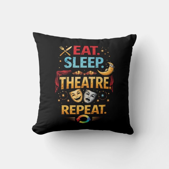 Eat, Sleep, Theatre, Repeat Throw Pillow (Front)