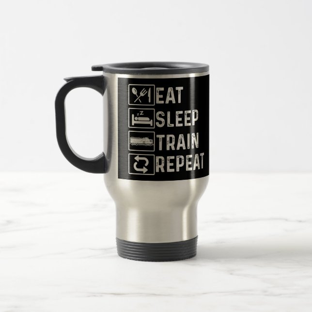 Eat Sleep Train Repeat Diesel Train Railroad Lover Travel Mug (Left)