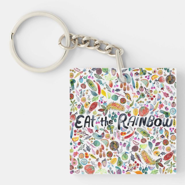 EAT THE RAINBOW colorful fruits veggies watercolor Keychain (Front)