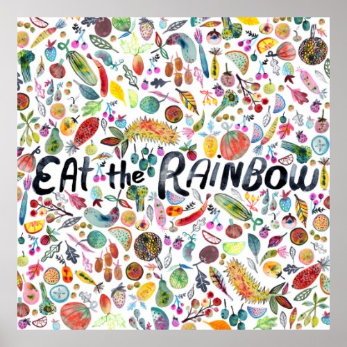 EAT THE RAINBOW colorful fruits veggies watercolor Poster