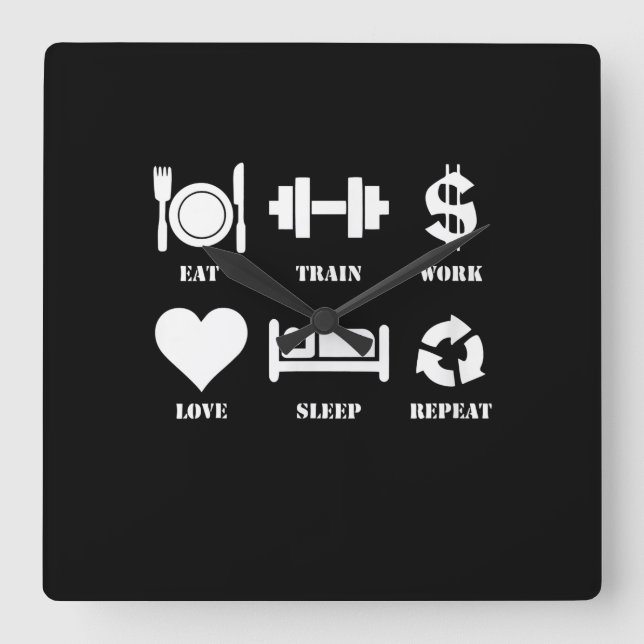 Eat Train Work Love Sleep Repeat Motivational Gym Square Wall Clock (Front)