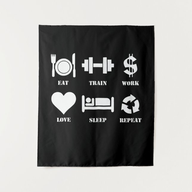 Eat Train Work Love Sleep Repeat Motivational Gym Tapestry (Front)