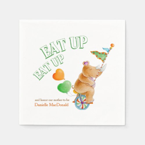 Eat up whimsy unicycle rhino baby shower napkins