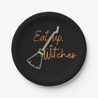 Eat Up Witches Broomstick Black Halloween Party Paper Plates