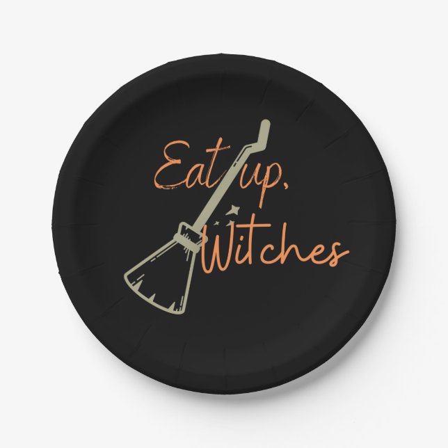 Eat Up Witches Broomstick Black Halloween Party Paper Plates (Front)