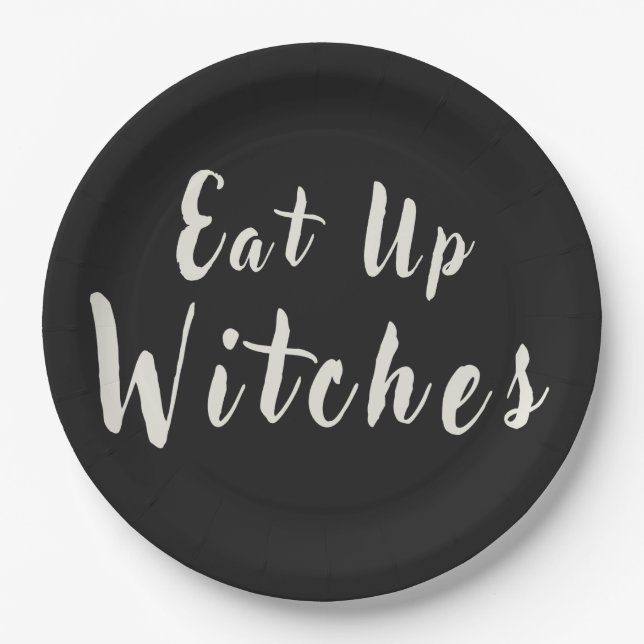 Eat Up Witches Fun Halloween Chic Black  Paper Plates (Front)