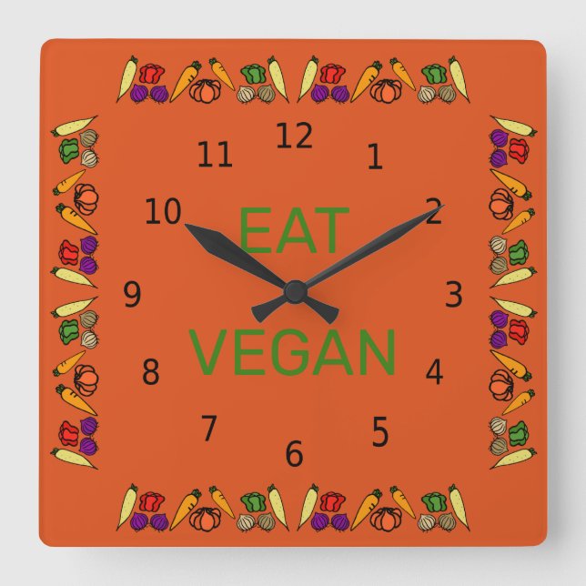 Eat Vegan, colorful vegetables, black numbers Square Wall Clock (Front)