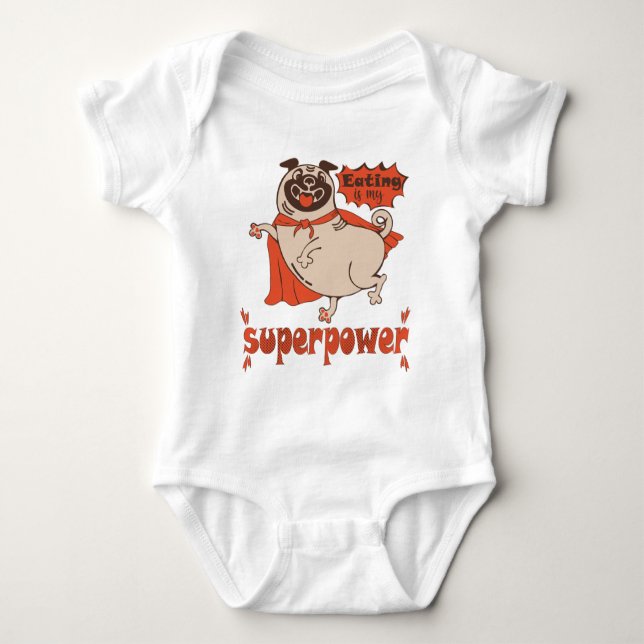 Eating is my superpower red cloak pug comic style baby bodysuit (Front)