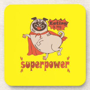 Eating is my superpower red cloak pug comic style beverage coaster