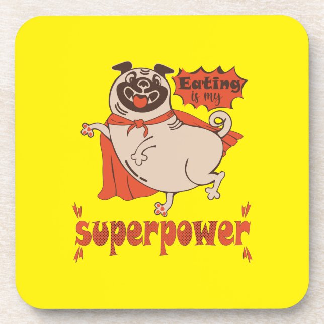 Eating is my superpower red cloak pug comic style  beverage coaster (Front)