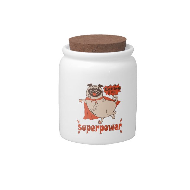 Eating is my superpower red cloak pug comic style  candy jar (Front)
