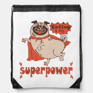 Eating is my superpower red cloak pug comic style drawstring bag