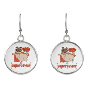 Eating is my superpower red cloak pug comic style earrings