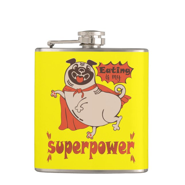 Eating is my superpower red cloak pug comic style  flask (Front)