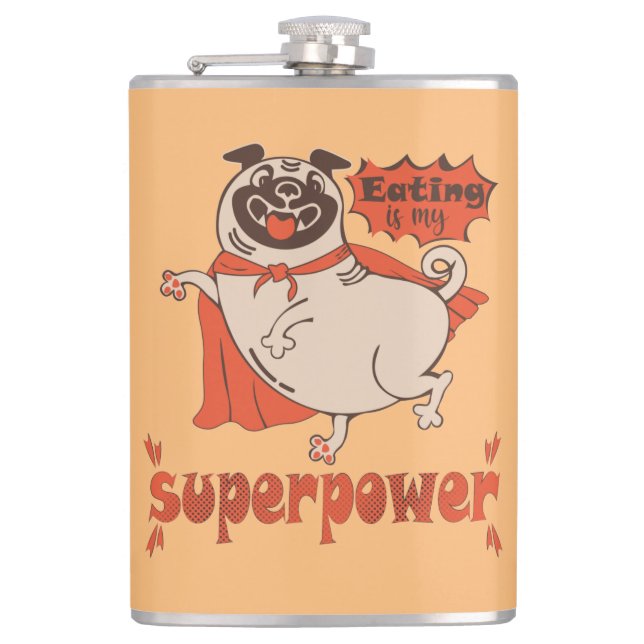 Eating is my superpower red cloak pug comic style  flask (Front)