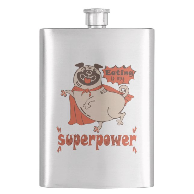 Eating is my superpower red cloak pug comic style  flask (Front)