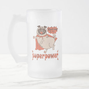 Eating is my superpower red cloak pug comic style frosted glass beer mug