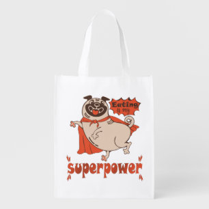 Eating is my superpower red cloak pug comic style grocery bag