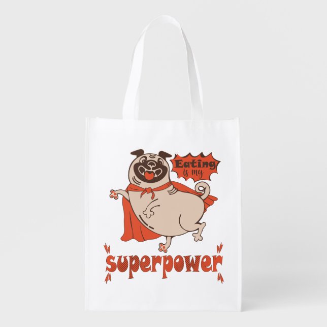 Eating is my superpower red cloak pug comic style  grocery bag (Front)