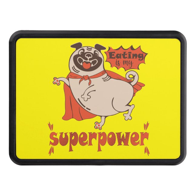Eating is my superpower red cloak pug comic style  hitch cover (Front)
