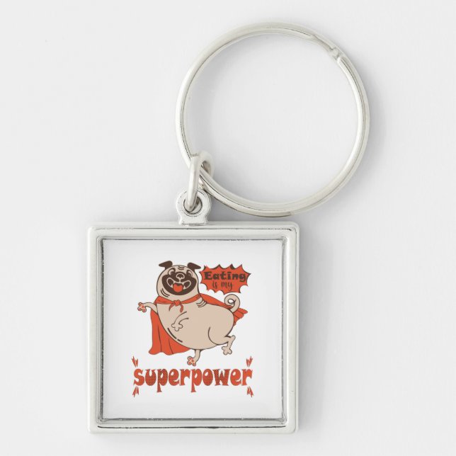 Eating is my superpower red cloak pug comic style  keychain (Front)