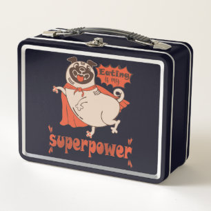 Eating is my superpower red cloak pug comic style metal lunch box