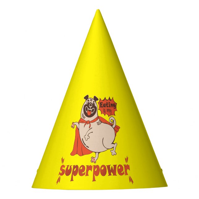 Eating is my superpower red cloak pug comic style  party hat (Front)