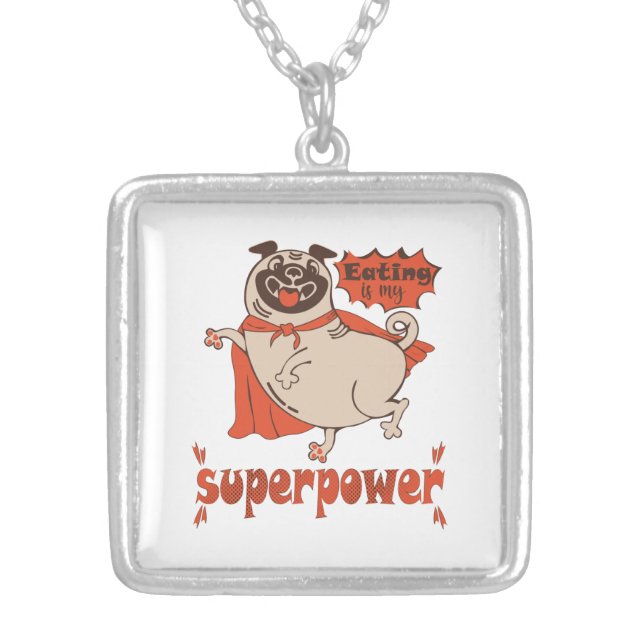 Eating is my superpower red cloak pug comic style  silver plated necklace (Front)