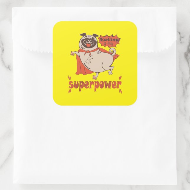 Eating is my superpower red cloak pug comic style  square sticker (Bag)
