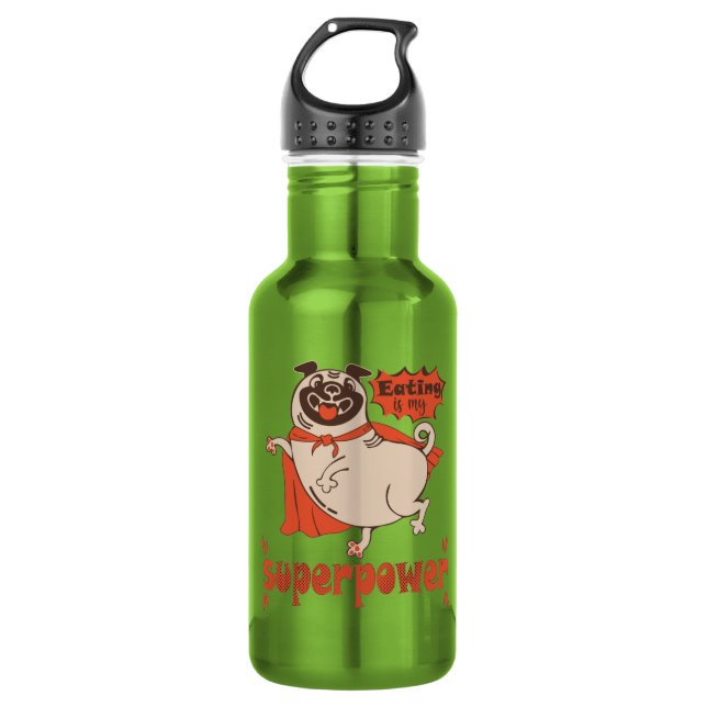 Eating is my superpower red cloak pug comic style  stainless steel water bottle (Front)