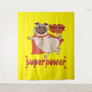 Eating is my superpower red cloak pug comic style tapestry