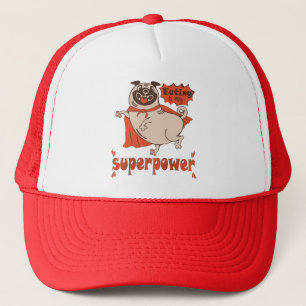 Eating is my superpower red cloak pug comic style trucker hat