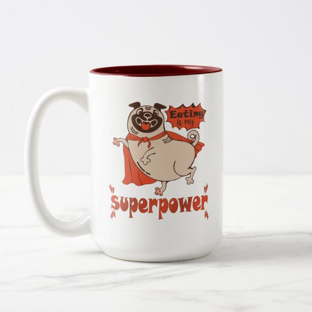 Eating is my superpower red cloak pug comic style  Two-Tone coffee mug (Left)