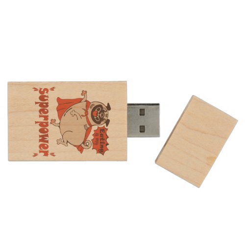 Eating is my superpower red cloak pug comic style  wood flash drive