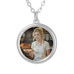 Eating Pizza Photo Personalize Customize Silver Plated Necklace